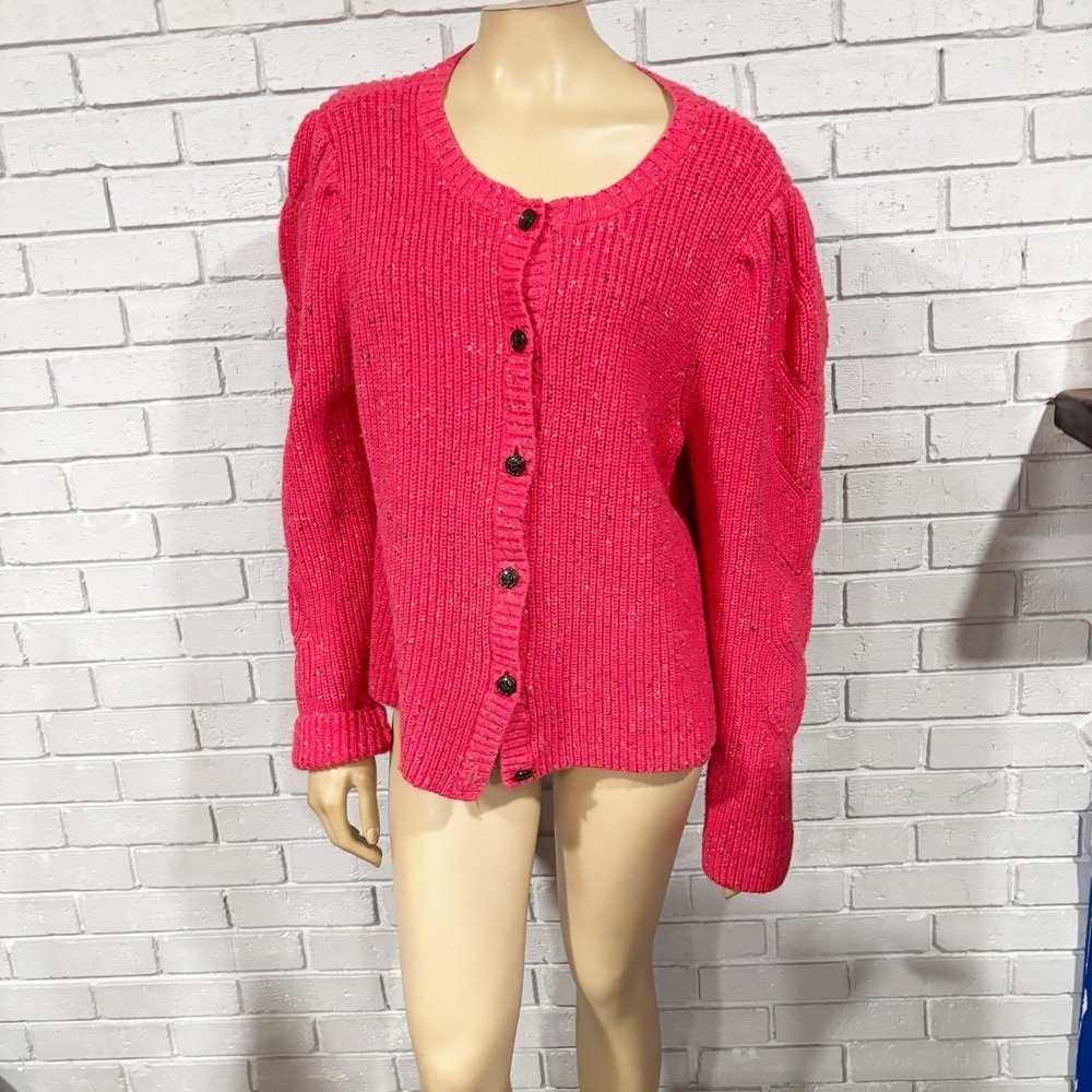 Talbots Pink Marled Chunky Cable Knit Button Front Cardigan Puff Sleeve Cozy XL